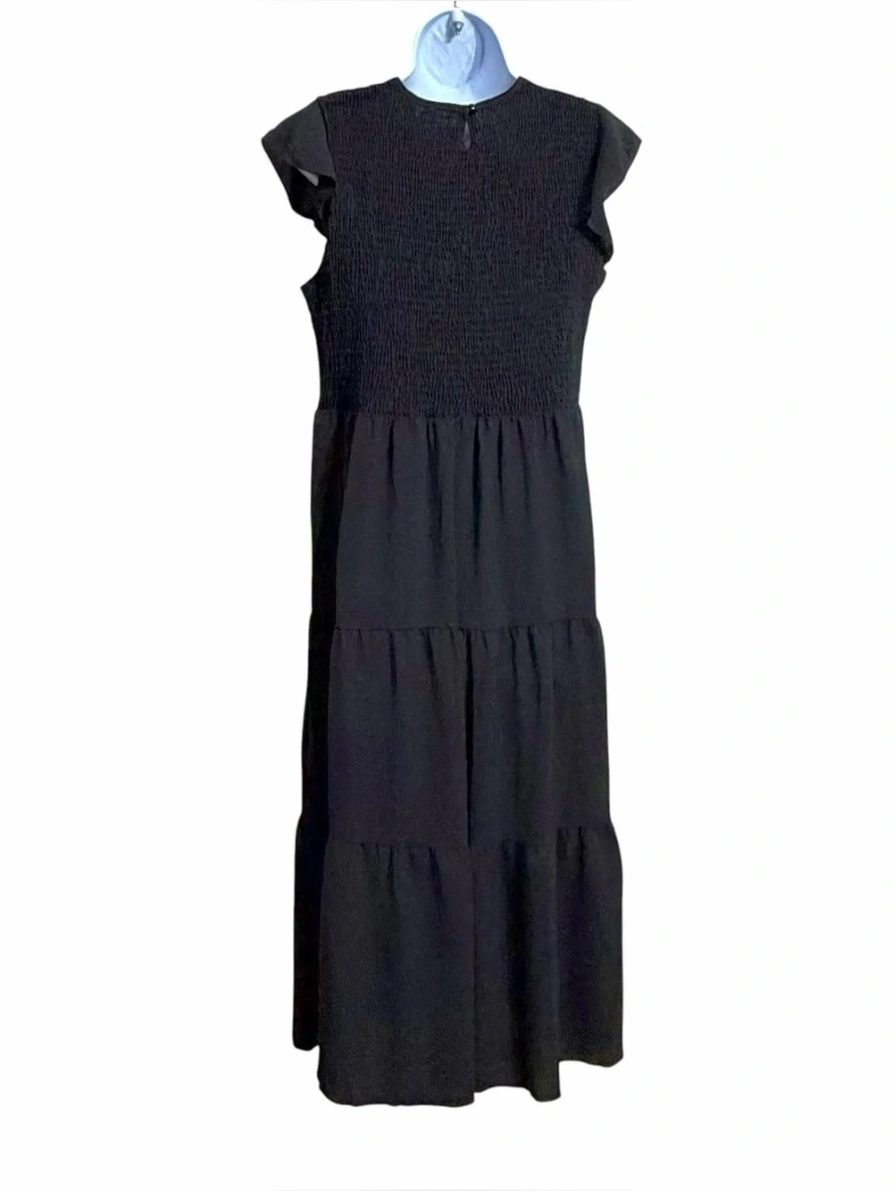 Boho Tiered Smocked Midi Dress Womens XL Black Flutter Sleeve Dark Cottagecore - Picture 4 of 7